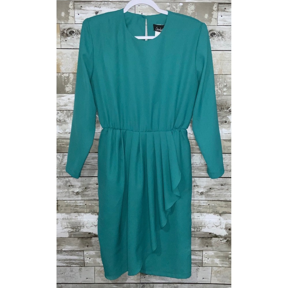 Jean Leslie Womens‎ Vintage Green Long Sleeve Dress #61131 Padded Shoulders 14P